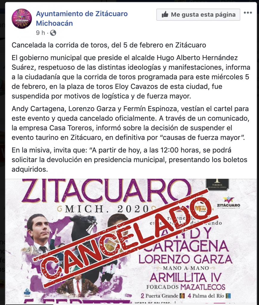 cancelación de corrida de toros